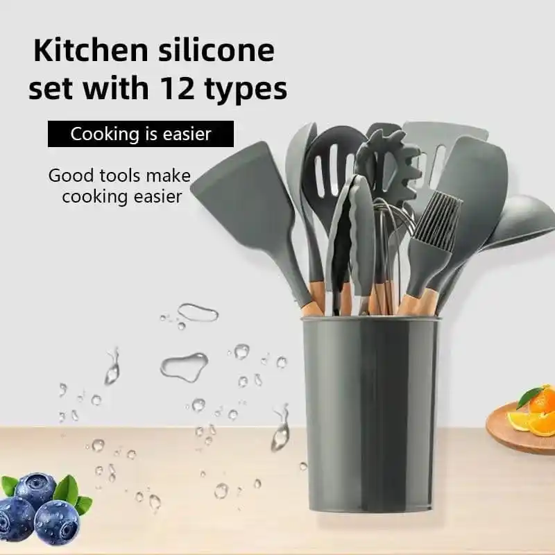 12pcs Wooden Silicone Kitchen Utensil Nonstick S